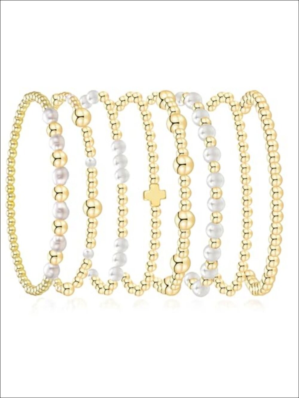 14K Gold Plated Beaded Stretch Bracelets Set Stackable Elastic 8pc